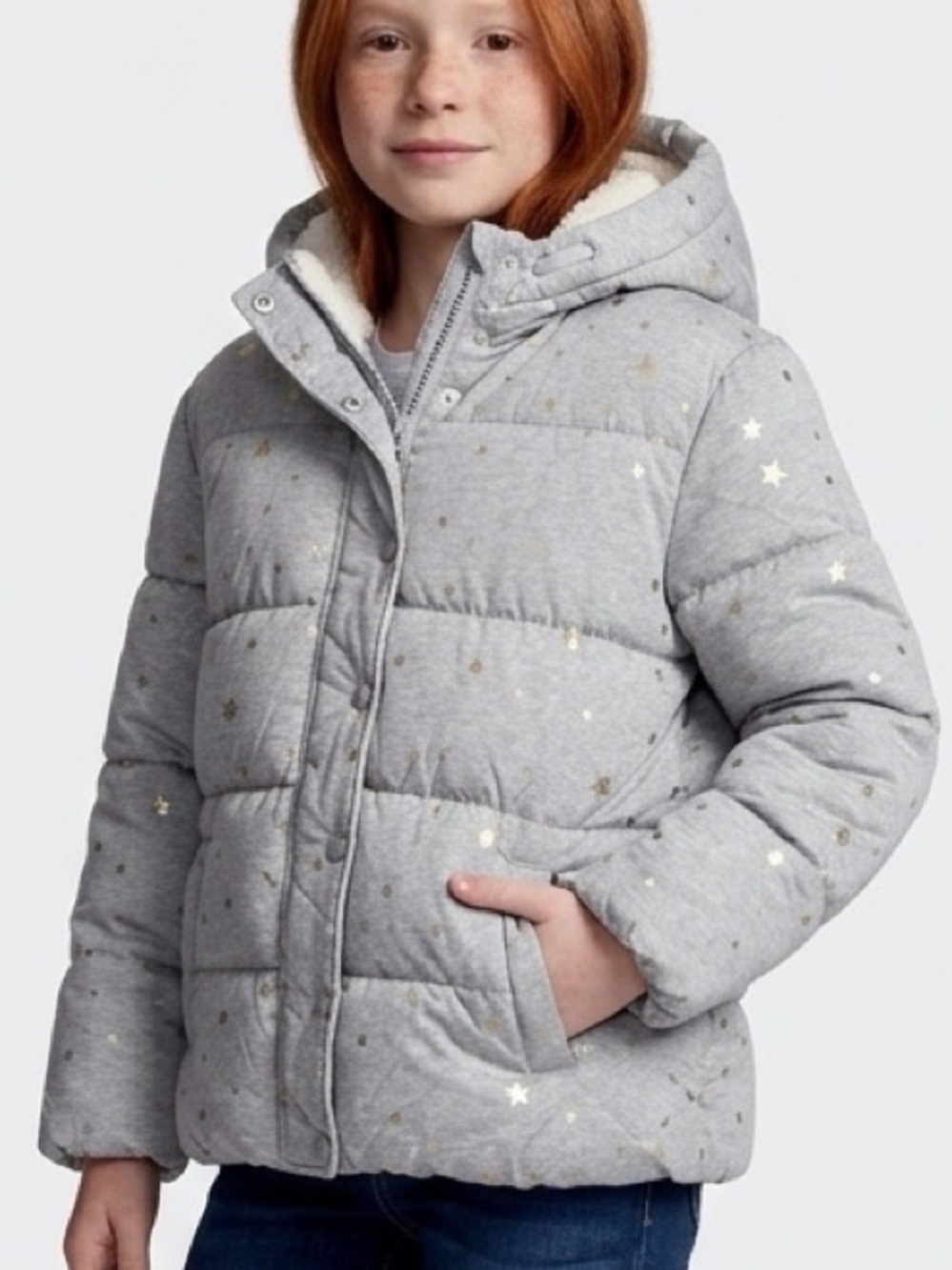 GAP Kids ColdControl Max Star Print Grey Puffer Jacket Girls XL 12–13 NWOT